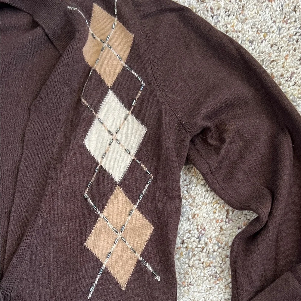 Vintage Abercrombie & Fitch Silk Cashmere Wool Argyle Cardigan M Brown Y2K - Picture 3 of 8
